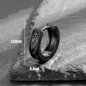 Unisex black stainless steel hoop earring with chain relief texture and 1.33cm height