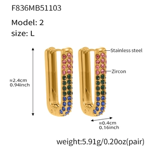 Detailed view of 18k gold plated U-shaped earrings with colorful zircon stones and size info