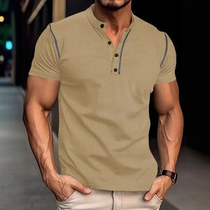 Men's retro khaki waffle knit polo shirt with three-button placket in a relaxed fit