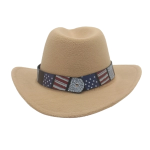 Detailed view of khaki felt cowboy hat with American flag star and stripe pattern band