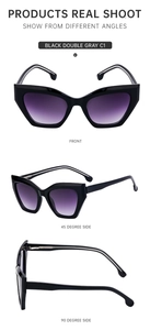 Three-angle product display of black cat eye sunglasses with purple gradient lenses