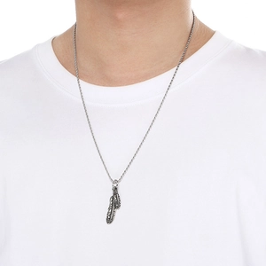 Punk style feather pendant necklace with black zircon cross for men in stainless steel