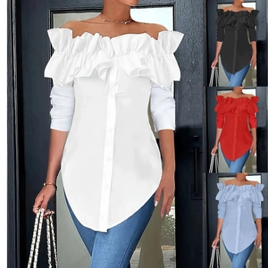 Women Casual Long Sleeve Off Shoulder Ruffle Blouse Solid Color Single-Breasted Elegant Commuter Shirt