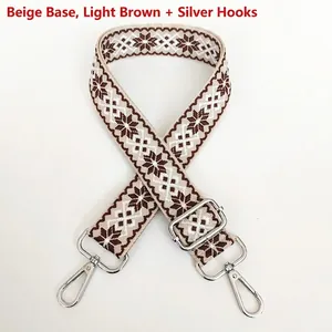 Detail of 3.8cm jacquard canvas bag strap with beige coffee geometric pattern and silver hooks