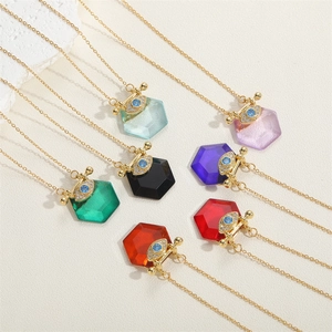 Vintage evil eye zircon necklaces in seven colors with hexagonal crystals and gold chains