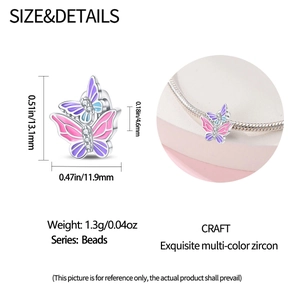 Vue détaillée de la perle papillon en zircon multicolore avec dimensions et spécifications