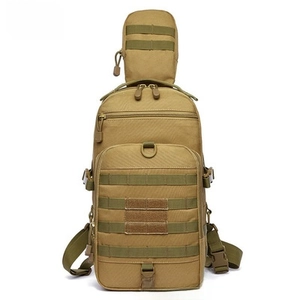 Tactical chest bag with MOLLE webbing system and adjustable shoulder straps in khaki