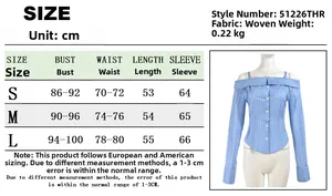 Detailed size chart for long sleeve off-shoulder shirt with bust and waist measurements