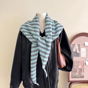 Detail of blue and gray striped knitted wool blend triangle scarf draped on leather jacket