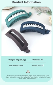Macro detail of matte PC banana hair clips with specifications in green, blue and brown