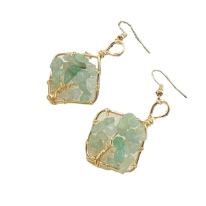 Square tree of life gold wire earrings with green aventurine crystals for women