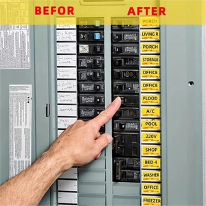 Before and after comparison of waterproof yellow breaker labels on fuse box panel