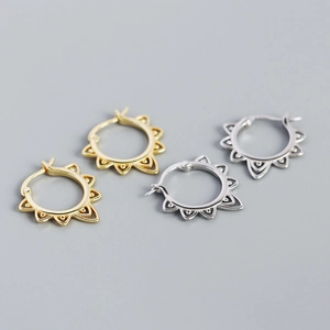 Vintage 925 Sterling Silver Hoop Earrings Sun Flower Hollow Geometric Pattern Ear Buckles For Women
