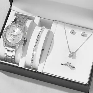 Elegant Women Quartz Watch Jewelry Luxury Rhinestone Inlaid Alloy Necklace Bracelet Ring Stud Earrings Fashion Gift Accessories