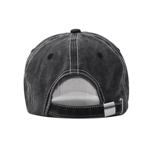 Rear view of washed denim baseball cap with adjustable metal buckle and contrast stitching