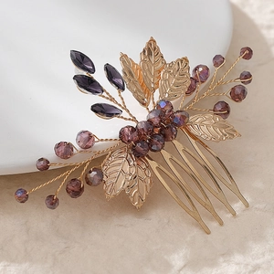 Pettine per capelli da sposa fatto a mano con foglie dorate e perline di cristallo viola