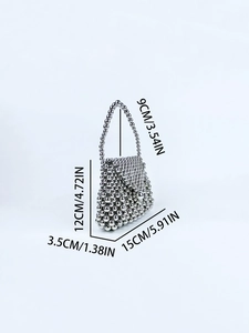 Detail view of silver beaded handbag with dimensions of 15cm width and 12cm height