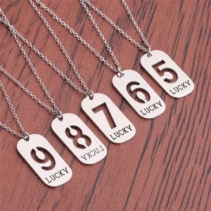 Lucky Number Pendant Necklace Stainless Steel Hollow Arabic Numeral Rectangular Tag Hip Hop Streetwear Jewelry