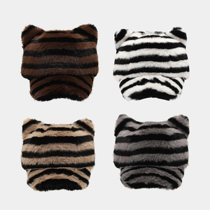 Winter Faux Fur Baseball Cap With Cat Ears Tiger Stripe Pattern Warm Plush Adjustable Windproof Hat For Women Girls