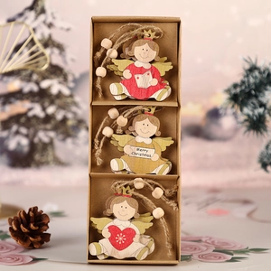 Set of 3 creative wooden angel ornaments for Christmas tree with Merry Christmas signs