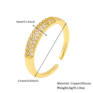 Detail showing 4mm width and 21mm diameter specs for this gold-plated zircon ring