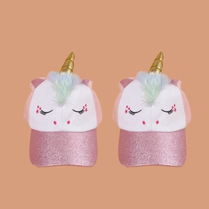 Pink unicorn kids baseball cap with glitter brim and rainbow hair for girls