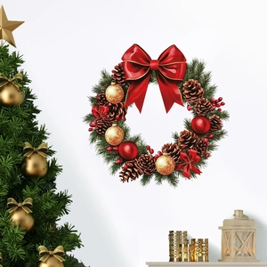 Christmas wall decal featuring pine needles, red bow, pine cones, and festive ornaments