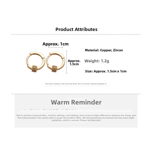 Detail view of 18k gold plated hoop earrings with cubic zirconia and size measurements