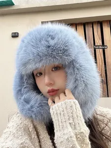 Plush blue purple faux fur trapper hat for women with warm ear flaps in winter style