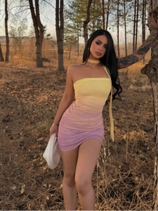 Sexy gradient purple bodycon mini dress with one-shoulder necktie and ruched texture