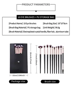Portable 10-piece eye makeup brush set with crystal handles and a black PU leather pouch