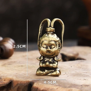 Miniature brass Sun Wukong Zen figurine ornament on wooden base for home decor