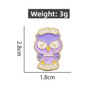 Cartoon purple owl enamel pin with Owl By Myself text, measuring 2.8cm by 1.8cm