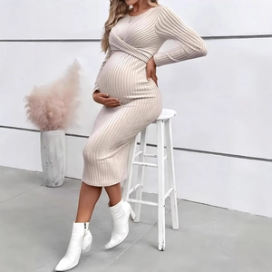 Maternity Dress Long Sleeve Ribbed Knit Cross Front Wrap Design Slim Fit Elegant Solid Color Pregnancy Midi Clothing