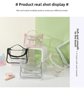 Detail showing various sizes of waterproof transparent PVC cosmetic bags with top handles