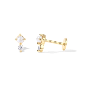 Detailed view of gold screw back stud earrings with small pearl and clear zircon stones