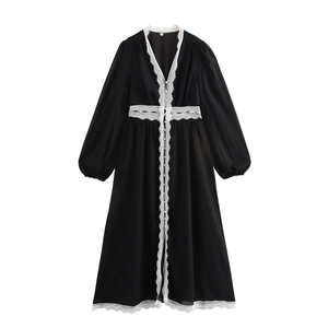 Maxi Dress Women Elegant Chiffon Lace Patchwork V Neck Long Puff Sleeve High Waist Artificial Pearl Button French Style Black