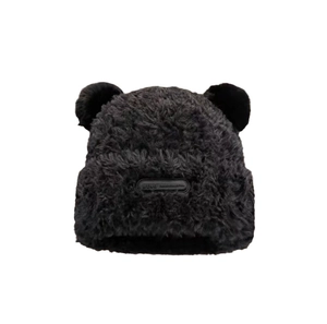 Plush black winter beanie with cute bear ears and Meng Fashion leather label