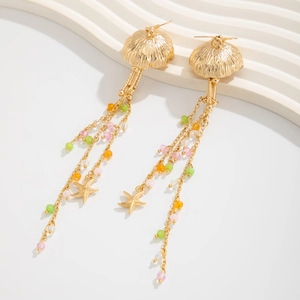 Golden starfish tassel earrings with colorful glass beads for beach vacation style