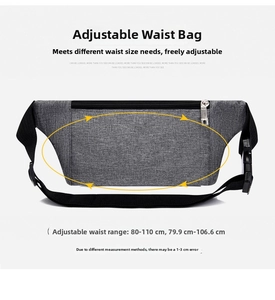 Detail of adjustable waist strap with black plastic buckle for 80-110cm grey running bag