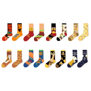 Funny hamburger and beer printed mid-calf cotton socks in colorful assorted patterns