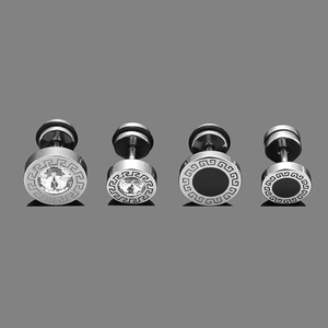 Close-up of stainless steel stud earrings with zircon inlay and Greek key pattern