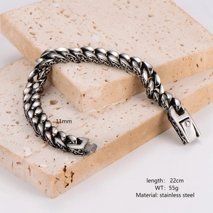 Bracelet gourmette vintage en acier inoxydable pour hommes avec gravures florales