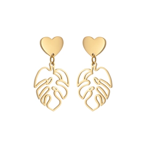 Golden hollow monstera leaf earrings with solid heart studs for a tropical chic look