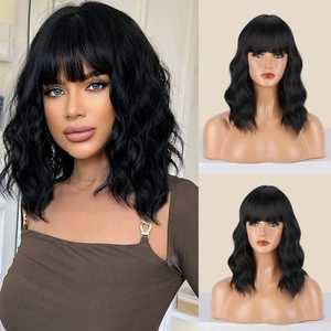 Women Short Curly Wavy Wig Synthetic Heat Resistant Fiber With Bangs Cosplay Holiday Party Natural Water Wave Bob Style