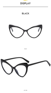 Front and 45-degree side views of elegant black cat-eye anti-blue light glasses frames