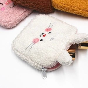 Cute plush rabbit sanitary pad pouch with soft lamb wool material and zipper closure