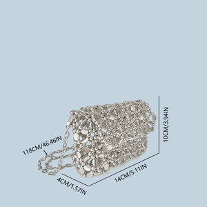 Detailed dimensions of silver beaded crossbody bag with 118cm metal chain strap