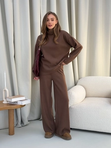 Women's dark brown turtleneck sweater and wide-leg knit pants two-piece lounge set