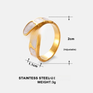 Detailed view of adjustable stainless steel gold ring with marble enamel and measurements